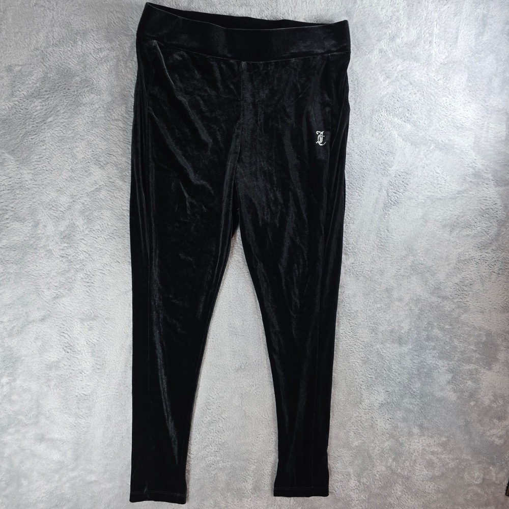 Juicy Couture Women XL Black Leggings Velour Rhinestone Monogram Y2K Loungewear